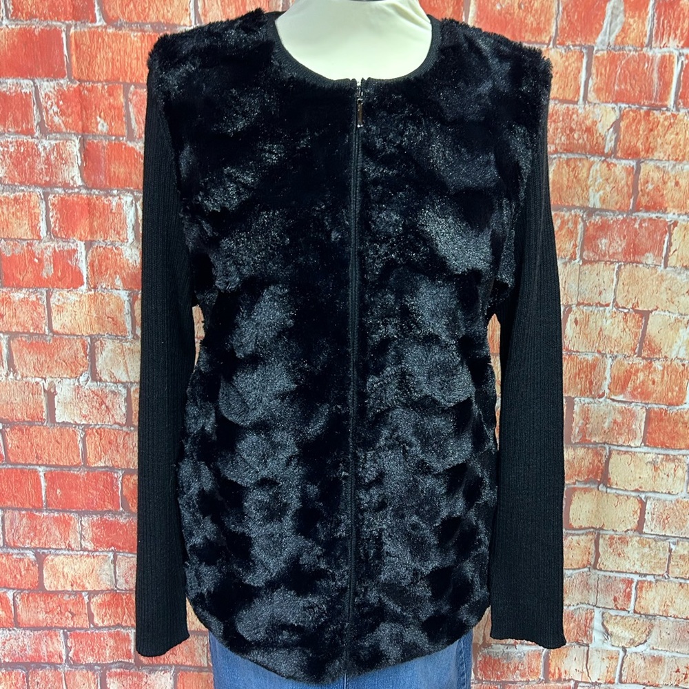 Alfred Dunner Faux Fur Front Zip-Up Ribbed Cardigan Sweater
